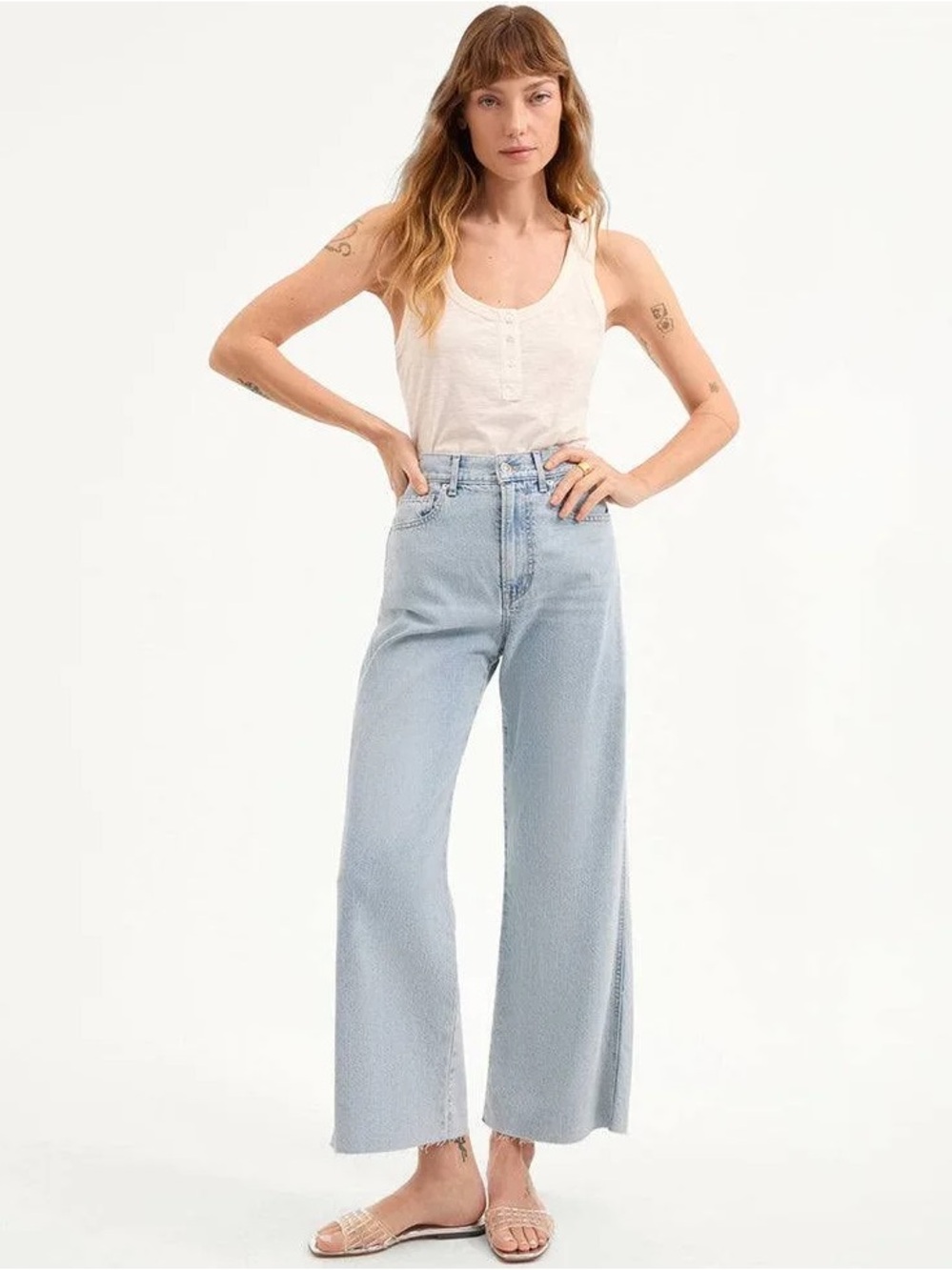 Veronica Beard Taylor Cropped Pale Stone Wide Leg High Rise Jeans